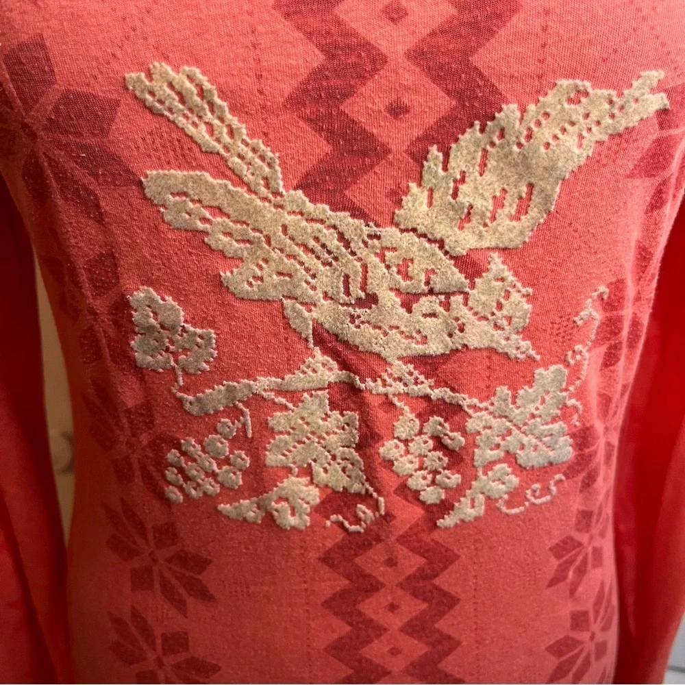 Free People Y2K 2 Tone Orange Long Sleeve Aztec Bird Shirt Sz L Southwest Boho